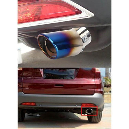 Curved Stainless Steel Car Exhaust Tail Muffler Tip 6cm Diameter installed on rear bumper, three-bolt clamp, corrosion-resistant DIY replacement