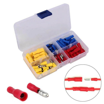 Insulated Terminal Crimp Connectors Kit For Home Wiring - plastic case with labeled compartments holding red blue yellow insulated crimp terminals for DIY wiring