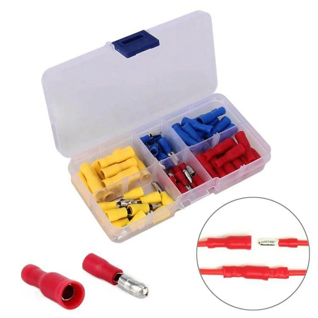 Insulated Terminal Crimp Connectors Kit For Home Wiring - plastic case with labeled compartments holding red blue yellow insulated crimp terminals for DIY wiring