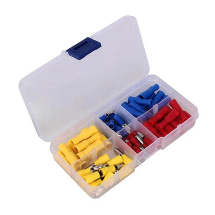 Insulated Terminal Crimp Connectors Kit For Home Wiring plastic case with labeled compartments holding red blue yellow insulated terminals for DIY wiring