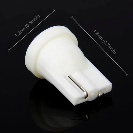 Car Interior LED COB Bulbs Ice Blue Light Reading Lamp — close-up white T10 wedge base bulb with metal contacts and size markings