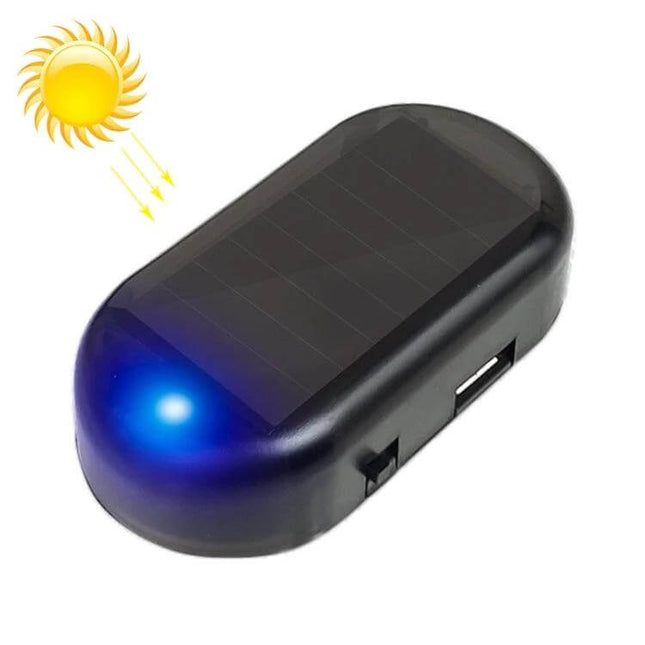 LQ-S10 Car Solar Dummy Alarm Light Blue Flashing Security Lamp mounted on car roof showing solar panel and blue flashing LED