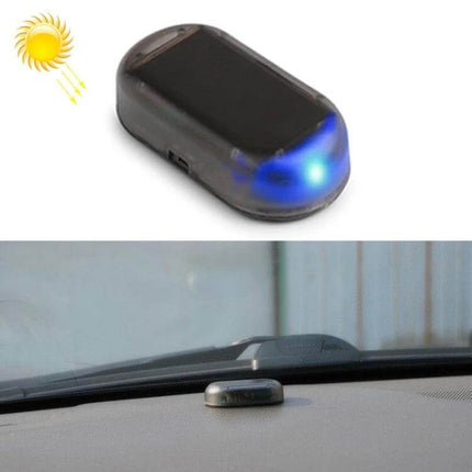 LQ-S10 Car Solar Dummy Alarm Light Blue Flashing Security Lamp mounted on dashboard showing blue LED and solar panel