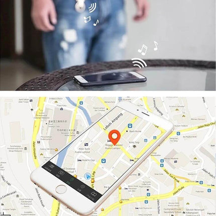 R2 Bluetooth Anti-Lost Tracker for Everyday Items attached to keys next to smartphone showing map and location alert
