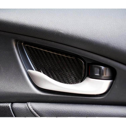 Carbon Fiber Trim for Honda Civic 10th Gen Interior Doors installed on passenger door handle area, sleek carbon fiber finish for cabin upgrade