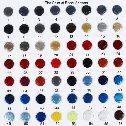 Zone Tech Car Reverse Radar System with Four Sensors color chart showing 56 different radar sensor bumper cap colors for customization