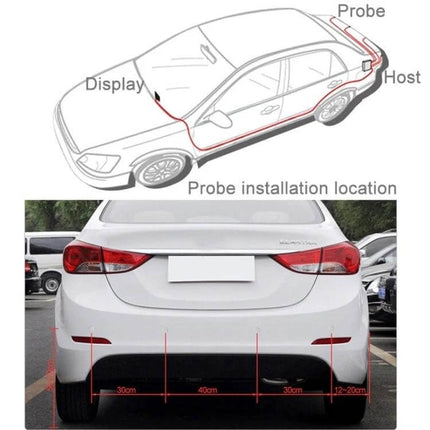 Zone Tech Car Reverse Radar System with Four Sensors rear bumper installation diagram showing probe locations and display routing