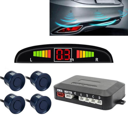 Zone Tech Car Reverse Radar System with Four Sensors showing sensors, control box and digital display alerting 0.3m distance