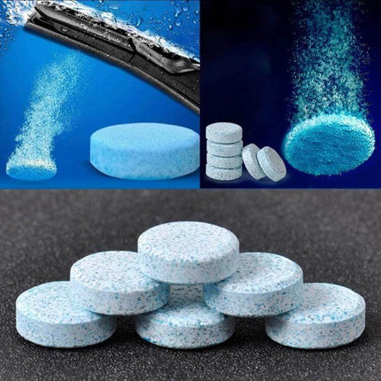 Car Windshield Cleaning Tablets - 12 Pack for Easy Vehicle Maintenance shown dissolving into wiper fluid to clean glass