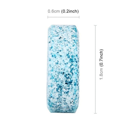 Car Windshield Cleaning Tablets - 12 Pack for Easy Vehicle Maintenance close-up of single blue dissolving tablet with measurements