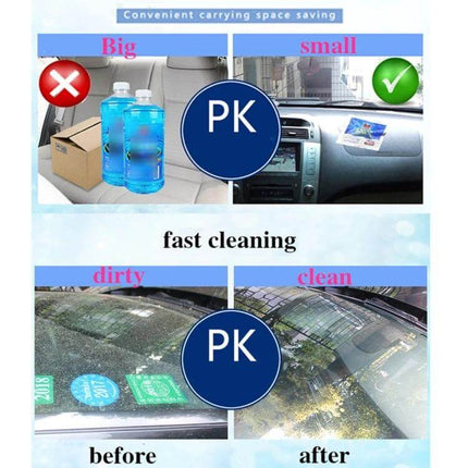 Car Windshield Cleaning Tablets - 12 Pack for Easy Vehicle Maintenance image showing compact tablet vs bulky bottles and before-and-after windshield cleaning