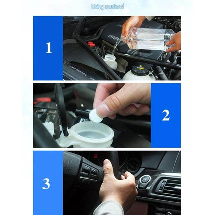 Car Windshield Cleaning Tablets - 12 Pack for Easy Vehicle Maintenance showing pouring water, dropping tablet into wiper fluid reservoir, and wiped clear windshield