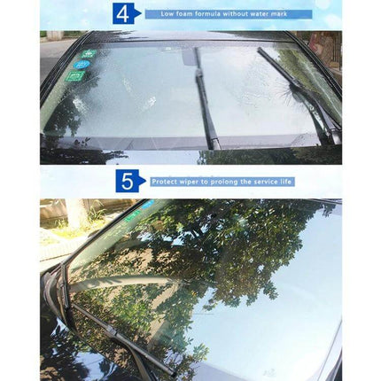 Car Windshield Cleaning Tablets - 12 Pack for Easy Vehicle Maintenance showing wipers cleaning a clear windshield, low foam and protective formula