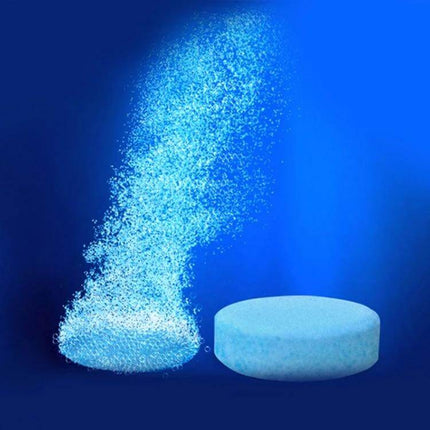 Car Windshield Cleaning Tablets - 12 Pack for Easy Vehicle Maintenance dissolving tablet fizzing into cleaning solution on blue background