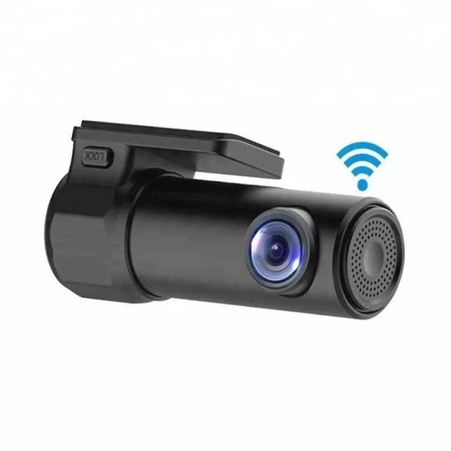 Compact Mini Dash Camera for Cars with WiFi Connectivity - compact black cylindrical dash cam with WiFi icon for easy mobile app video download