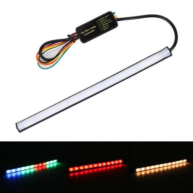 Motorbike Colorful LED Light Bulb for Daytime Running and Turn Signals - slim RGB LED strip with controller showing blue, red, amber modes