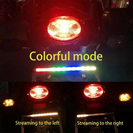 Motorbike Colorful LED Light Bulb for Daytime Running and Turn Signals installed on motorcycle showing red tail light and rainbow streaming LED modes