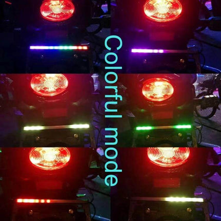 Motorbike Colorful LED Light Bulb for Daytime Running and Turn Signals showing multi-color strip modes installed on motorcycle rear