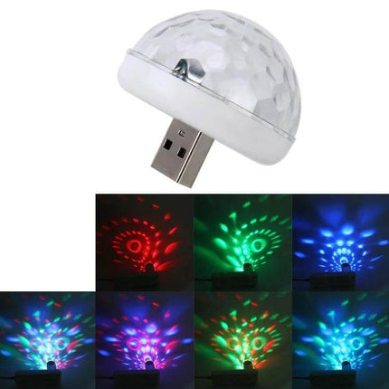 USB RGB Car Atmosphere Lights for Party and DJ Decor compact USB-powered disco light showing red green blue music-sync effects