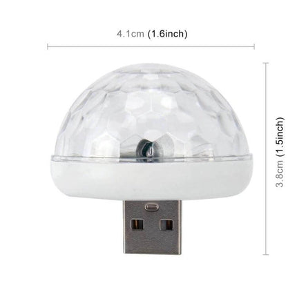 USB RGB Car Atmosphere Lights for Party and DJ Decor compact USB-powered dome light showing dimensions and USB plug