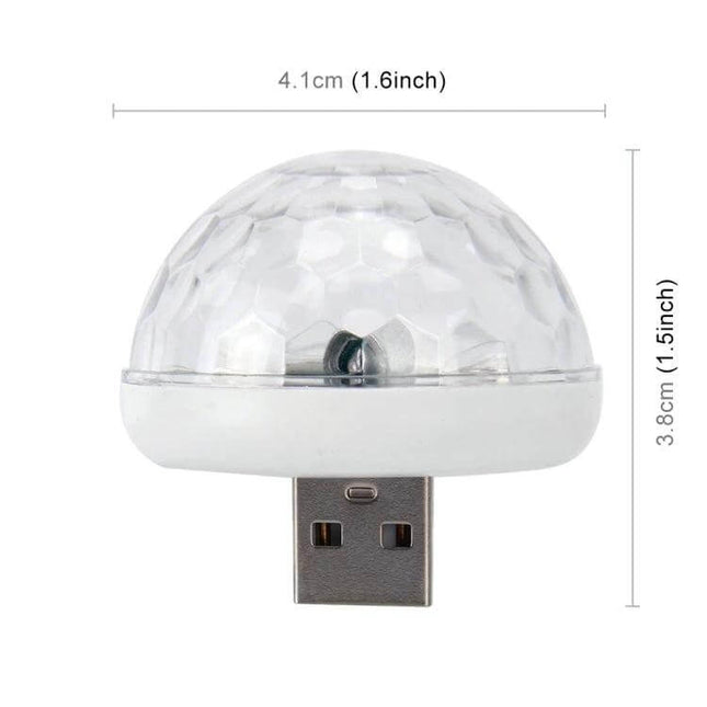 USB RGB Car Atmosphere Lights for Party and DJ Decor compact USB-powered dome light showing dimensions and USB plug
