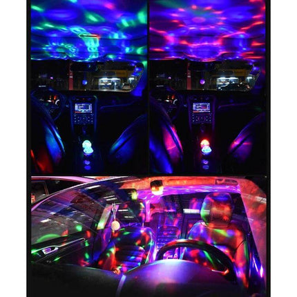 USB RGB Car Atmosphere Lights for Party and DJ Decor - USB-powered RGB interior car lights projecting music-synced colorful party patterns