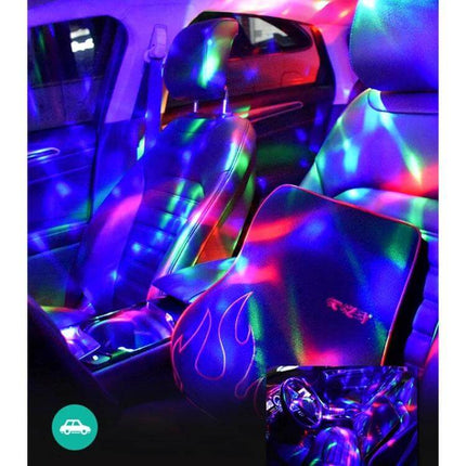 USB RGB Car Atmosphere Lights for Party and DJ Decor projecting colorful RGB patterns across a car interior, music-synced USB-powered lighting
