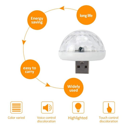 USB RGB Car Atmosphere Lights for Party and DJ Decor compact USB-powered disco dome with color cycles, music-sync, energy-saving and easy-to-carry design