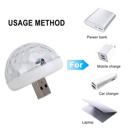 USB RGB Car Atmosphere Lights for Party and DJ Decor USB-powered disco light showing usage with power bank, mobile charger, car charger and laptop