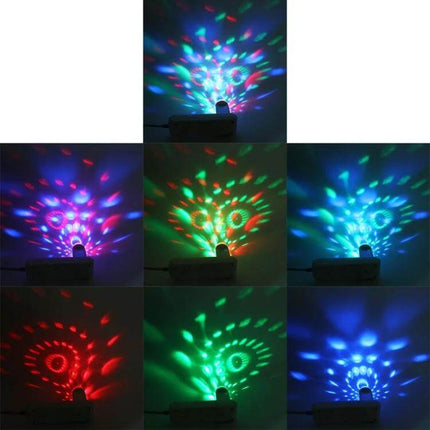 USB RGB Car Atmosphere Lights for Party and DJ Decor projecting multicolor music-synced lighting patterns from a USB-powered device
