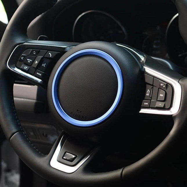 Aluminum Alloy Steering Wheel Trim Decoration for Jaguar Cars - blue ring accent installed on steering wheel