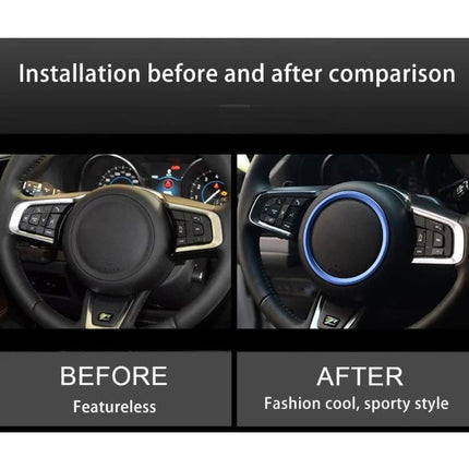 Aluminum Alloy Steering Wheel Trim Decoration for Jaguar Cars - before and after installation showing sporty blue ring upgrade