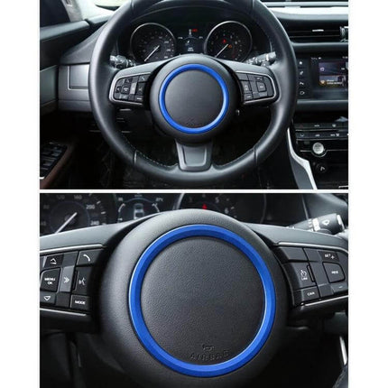 Aluminum Alloy Steering Wheel Trim Decoration for Jaguar Cars fitted on black steering wheel blue ring accent