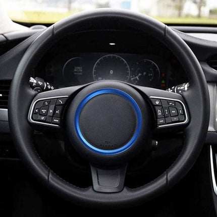 Aluminum Alloy Steering Wheel Trim Decoration for Jaguar Cars installed on black steering wheel blue ring accent