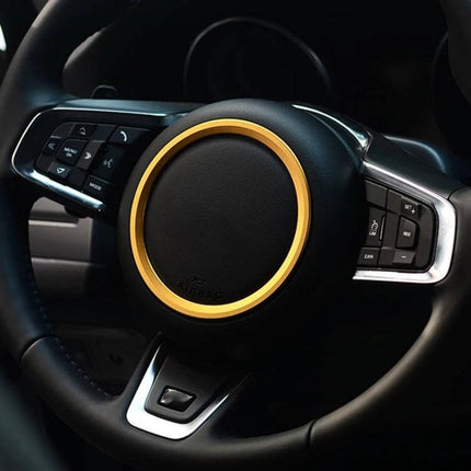 Aluminum Alloy Steering Wheel Trim Decoration for Jaguar Cars installed gold ring on black steering wheel center