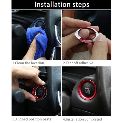 Decorative Aluminum Alloy Trim for Mazda Start Button Ring shown during installation steps cleaning, adhesive removal, alignment and final fit
