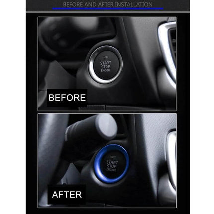 Decorative Aluminum Alloy Trim for Mazda Start Button Ring shown before and after installation blue ring accent