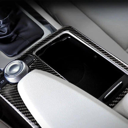 Carbon Fiber Decorative Sticker for Mercedes-Benz Left Drive Gear Panel installed on center console around gear controls