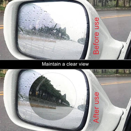 Clear Anti-Fog Protective Film for Car Rearview Mirrors, 8cm Diameter on wet side mirror showing before and after clear visibility