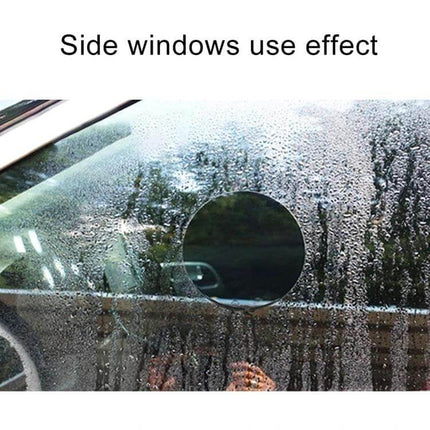 Clear Anti-Fog Protective Film for Car Rearview Mirrors, 8cm Diameter applied on fogged side window showing clear circular viewing area