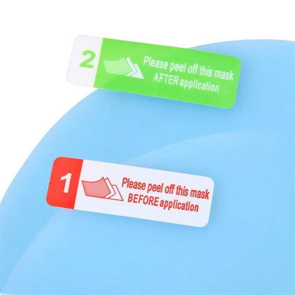 Rearview Mirror Protective Film for Clear Anti-Fog Visibility – close-up of numbered peel-off application tabs on blue protective film