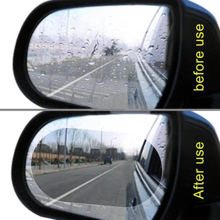 Rearview Mirror Protective Film for Clear Anti-Fog Visibility shown before and after use on rain-covered car side mirror