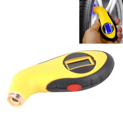 Cedar Digital Gauge for Checking Tire Pressure on Daily Drives handheld yellow digital tire pressure gauge showing valve attachment and LCD