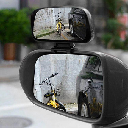 Rotatable Blind Spot Assistant Mirror for Vehicle Visibility showing added small mirror attached to lower left of side mirror detecting parked bike and car