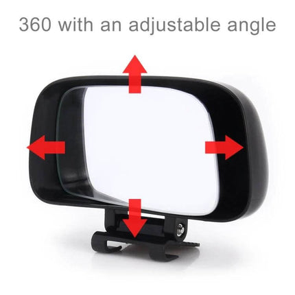 Rotatable Blind Spot Assistant Mirror for Vehicle Visibility showing 360 adjustable angle and clip-on left-side attachment to original mirror