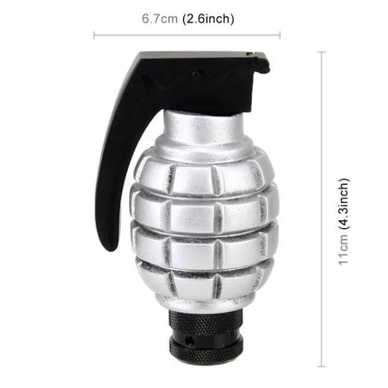 LX Tandy Bomb-Shaped Universal Car Gear Shift Knob for Driving silver grenade-style aluminum alloy shift knob with black lever, dimensions shown