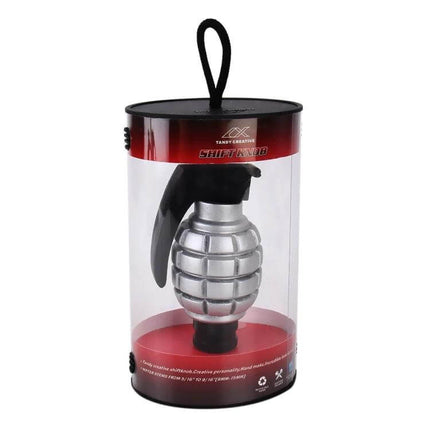 LX Tandy Bomb-Shaped Universal Car Gear Shift Knob for Driving in silver aluminum alloy grenade-style knob shown in clear packaging