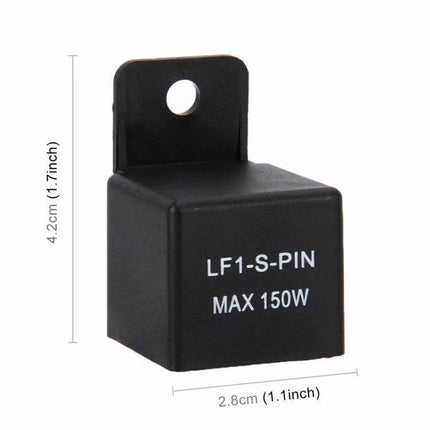 Universal 2-Pin Motorcycle LED Flasher Relay for Turn Signals compact LF1-S-PIN MAX 150W black relay with mounting tab and dimensions