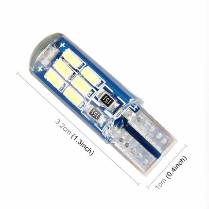 T10 LED Car Bulb for Reading Lamp 7500K Cool White, 2 Pack - close-up of T10 wedge LED bulb showing 3.2cm length and 1cm width, cool white interior light