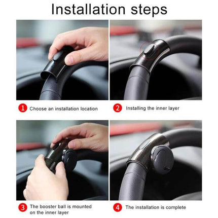 Universal Car Steering Wheel Spinner Knob for Easy Driving - four-step installation on steering wheel showing inner layer, booster ball mounting and completed fit